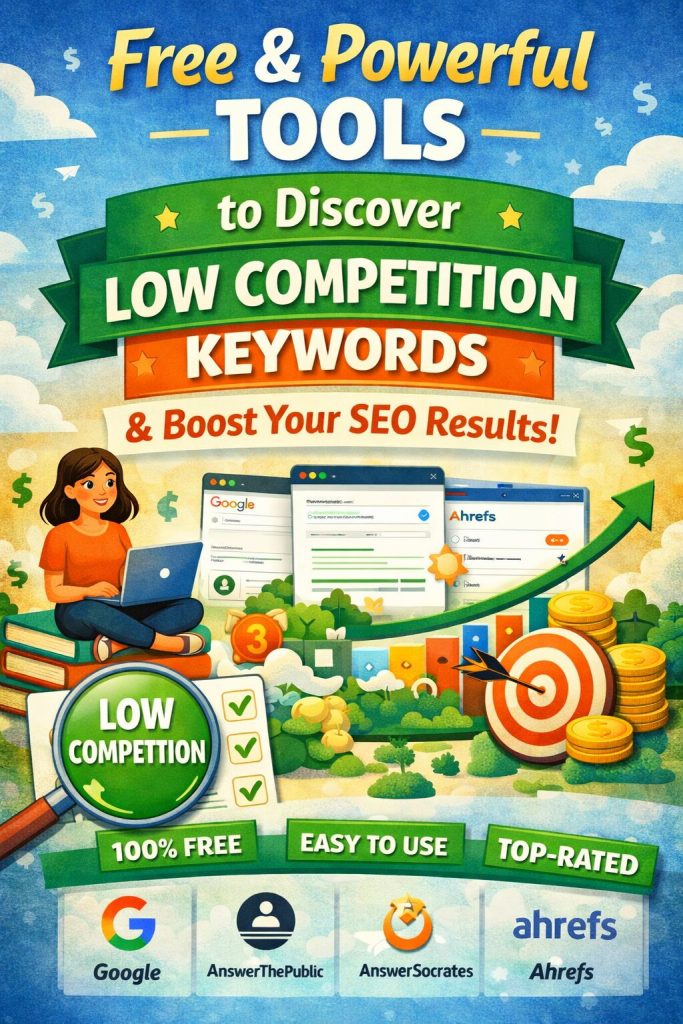 Free keyword research tools helping beginners find low competition keywords and improve SEO rankings.