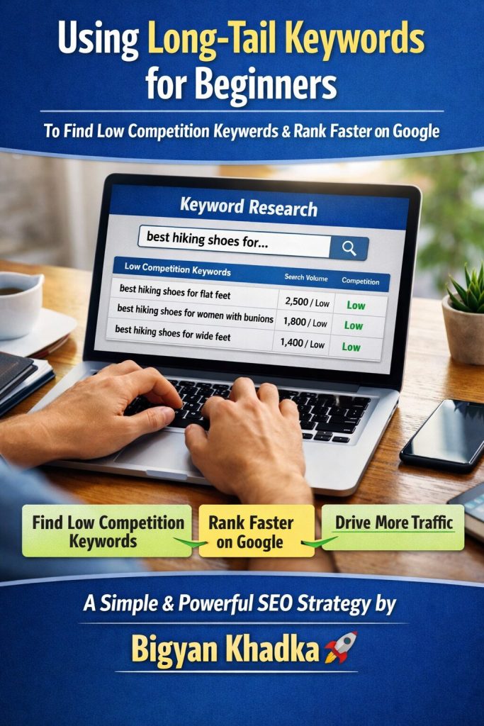 A beginner using a laptop to research long-tail keywords for SEO, focusing on low competition keywords to rank faster on Google and grow organic traffic.