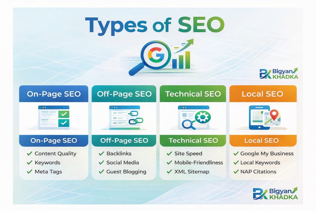 types of SEO explained infographic including on page off page technical and local SEO