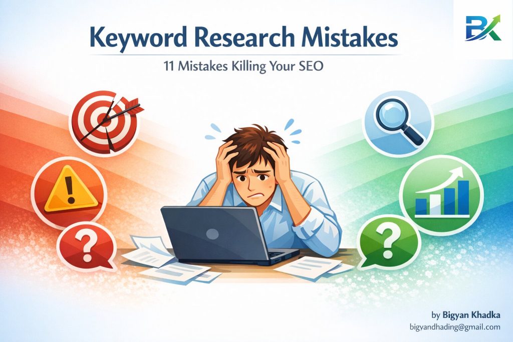 Frustrated blogger unable to rank on Google due to common keyword research mistakes in SEO strategy