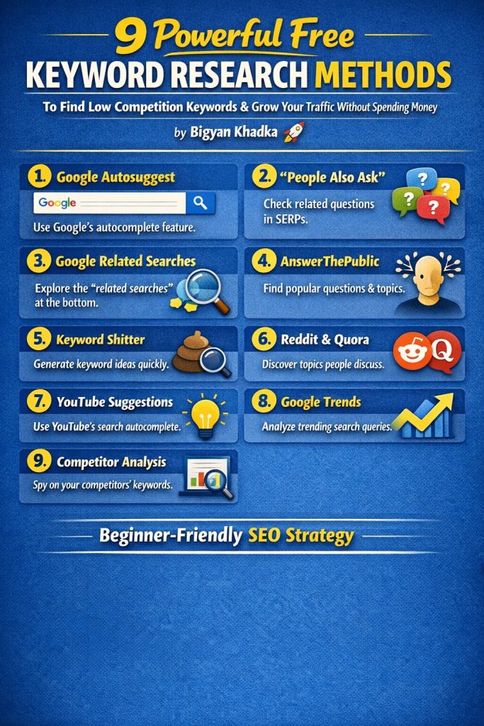 free keyword research methods for beginners to find low competition keywords and grow traffic