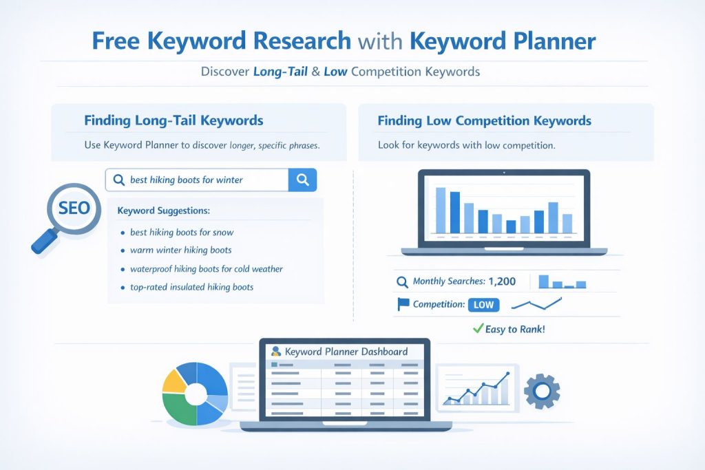 free keyword research methods using keyword planner to find long-tail keywords and low competition keywords for SEO beginners