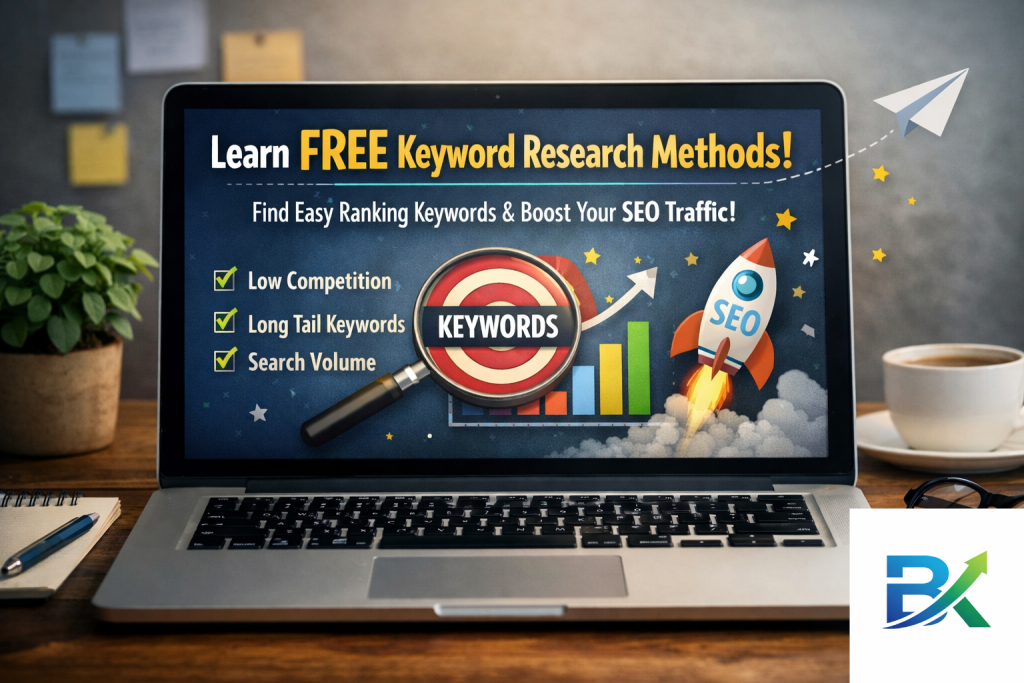free keyword research methods for beginners using laptop to find low competition keywords
