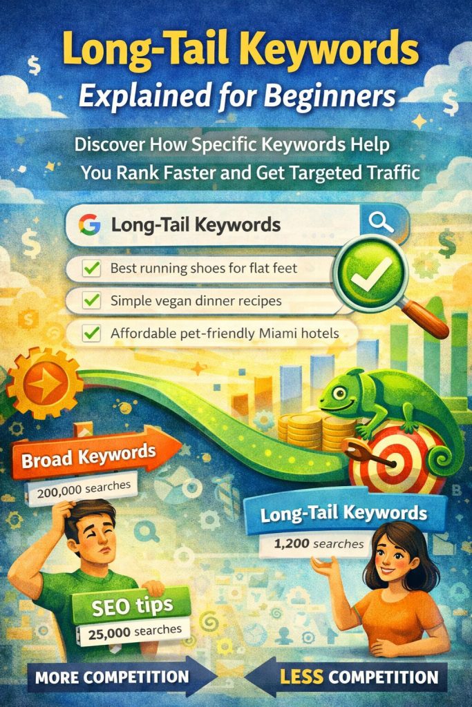 Beginners learning how long-tail keywords help them rank faster on Google and increase organic traffic.
