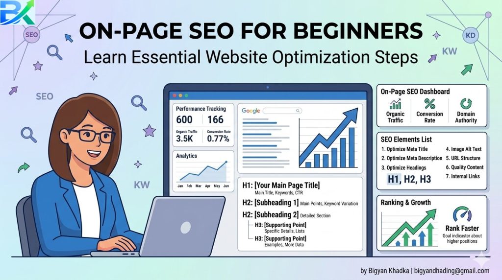 Example of proper heading structure for on-page SEO for beginners showing H1, H2, and H3 tags in a blog post layout.