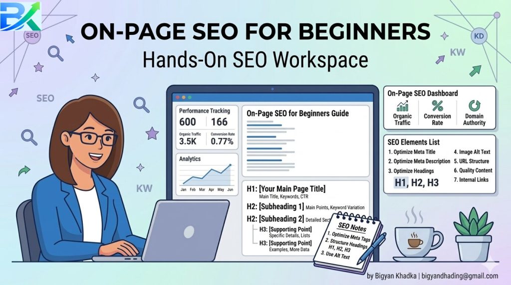 A blogger’s workspace showing a laptop with an on-page SEO for beginners guide open, notebook, and coffee, representing hands-on SEO work.
