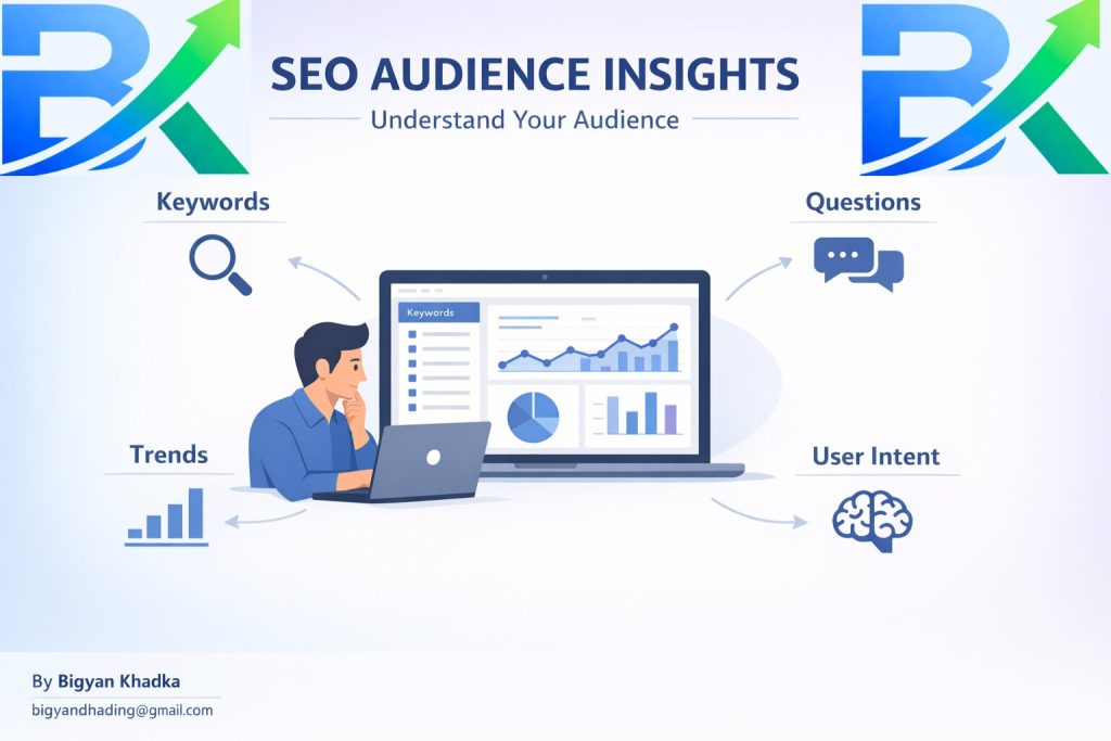 Clean infographic explaining types of SEO for beginners, including on-page SEO, off-page SEO, technical SEO, and local SEO with icons for search, backlinks, technical, and location.