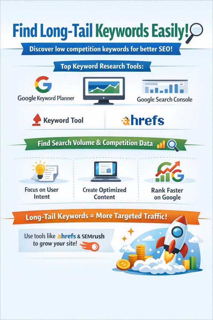A beginner using SEO tools to find long-tail keywords and low competition keyword ideas to improve Google rankings and increase organic traffic.