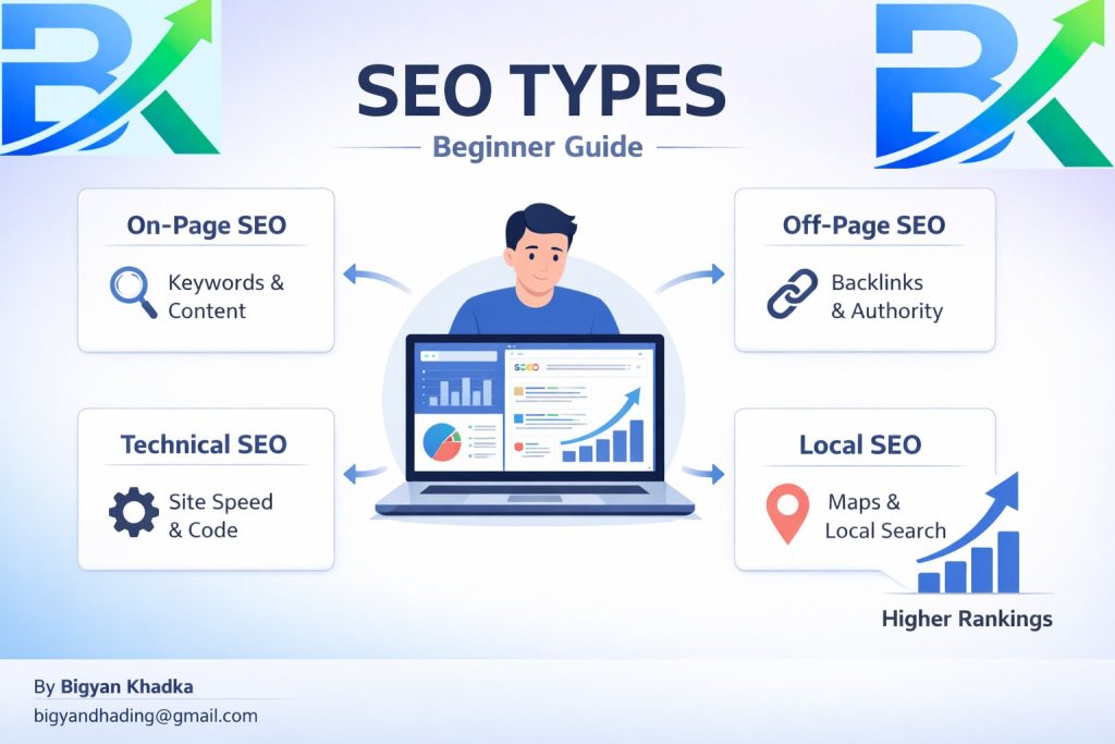 Types of SEO Explained for Beginners (On-Page, Off-Page, Technical & Local SEO Guide 2026)