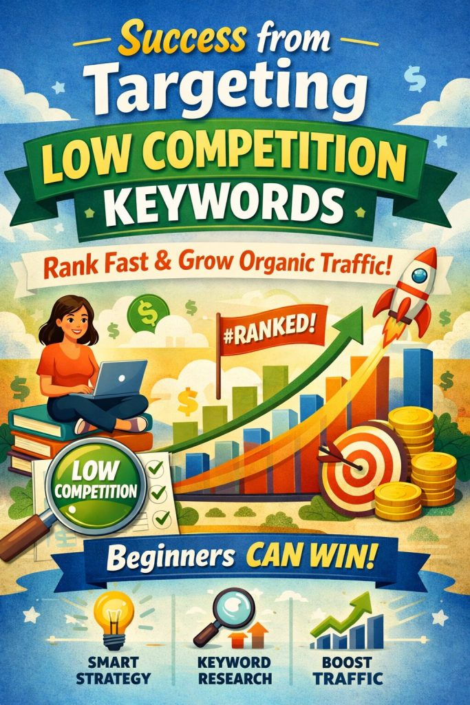 eginner blogger achieving success by using low competition keywords to rank fast and increase organic traffic.