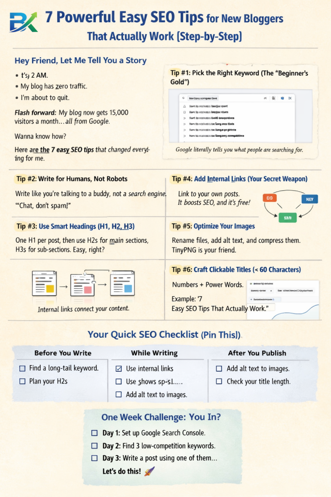 Screenshot of Google autocomplete showing long-tail keyword suggestions for easy SEO tips for new bloggers

