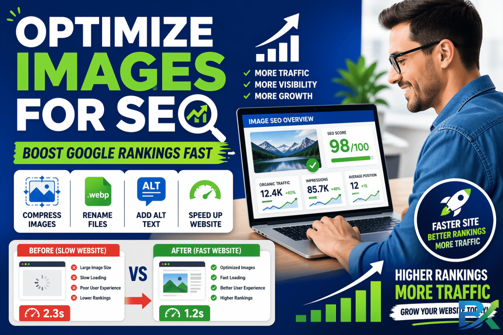 : Blogger learning how to optimize images for SEO while working on a laptop at a desk

