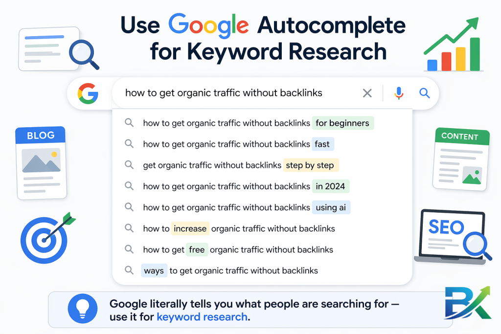 Google autocomplete showing long-tail keyword ideas for organic traffic without backlinks Screenshot of Google autocomplete showing long-tail keyword ideas to get organic traffic without backlinks