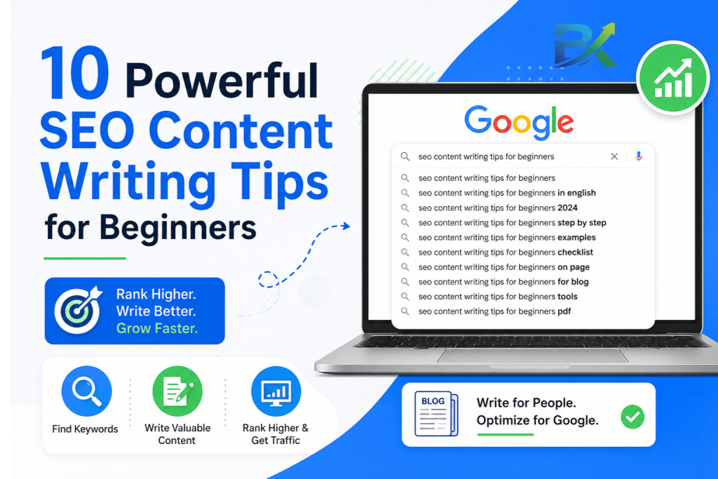  Google autocomplete showing long-tail keyword suggestions for SEO content writing tips for beginners