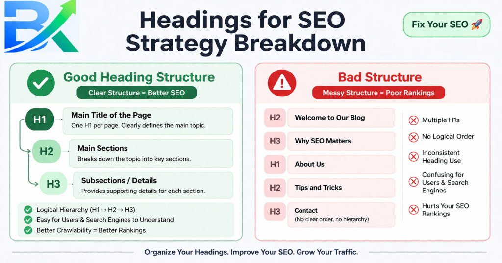 Comparison of headings for SEO showing good vs bad H1 H2 H3 structure with organized and messy blog layout examples