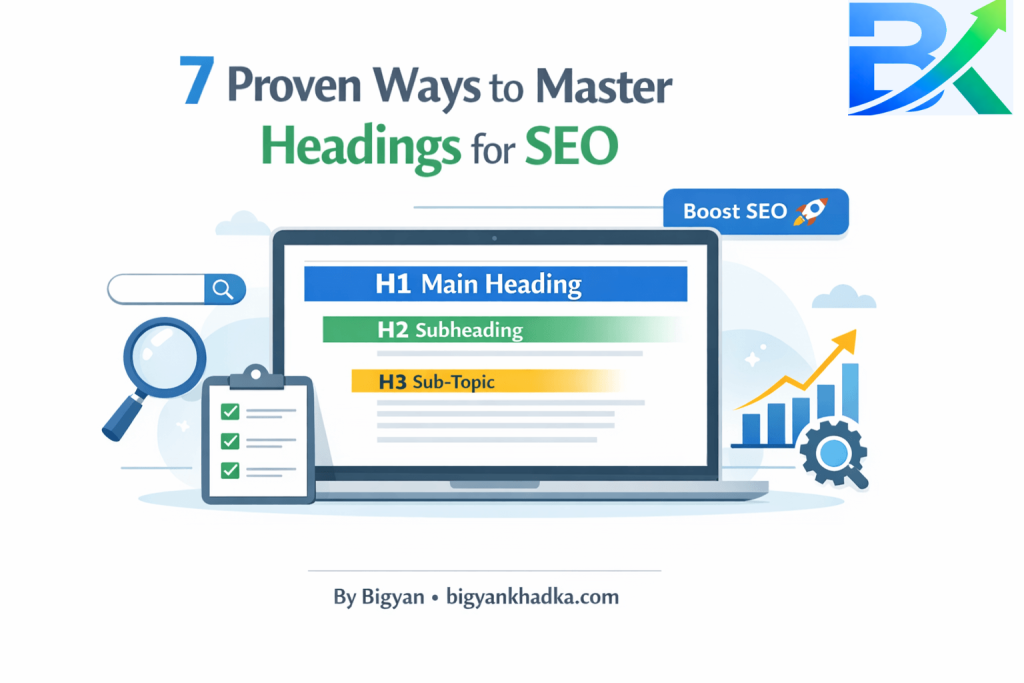 Example of headings for SEO showing proper H1 H2 H3 structure on a blog post displayed on a laptop screen
