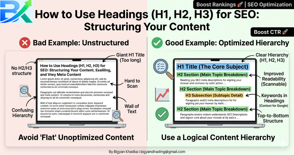 Example of headings for SEO showing proper H1 H2 H3 structure in a blog post on a laptop screen