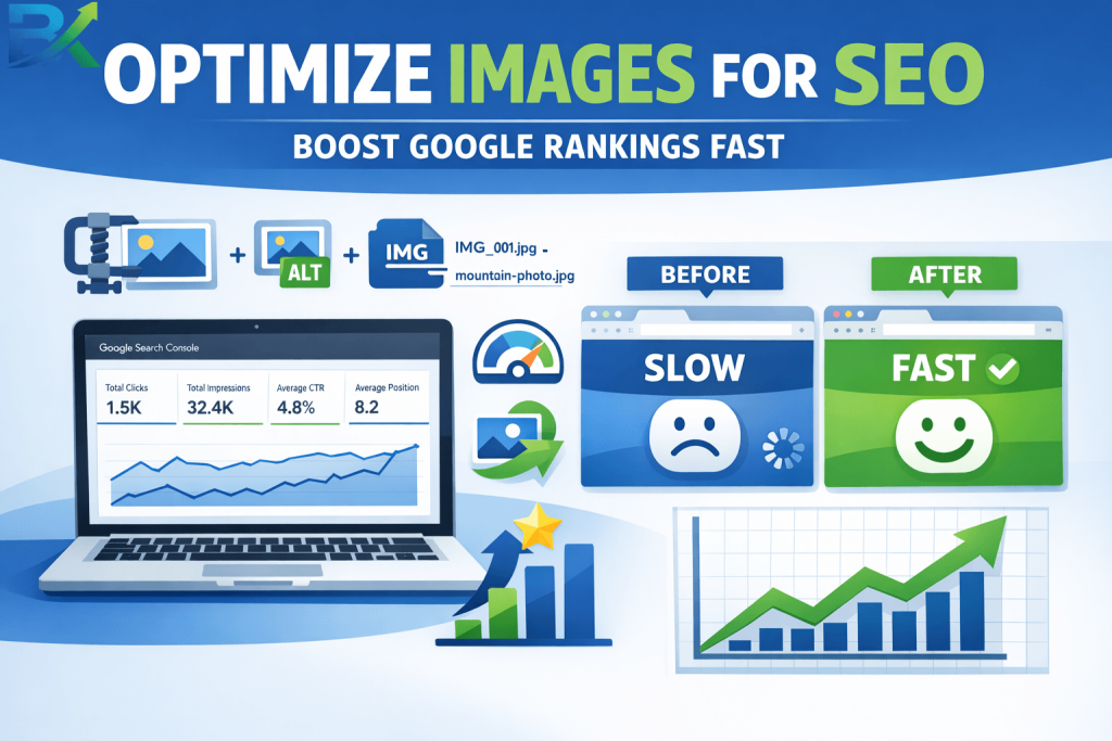 Blogger optimizing images for SEO using file naming, compression, and alt text to improve Google rankings