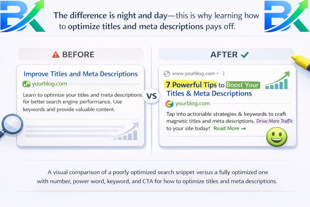  A split‑screen before and after example showing how to optimize titles and meta descriptions for higher CTR.