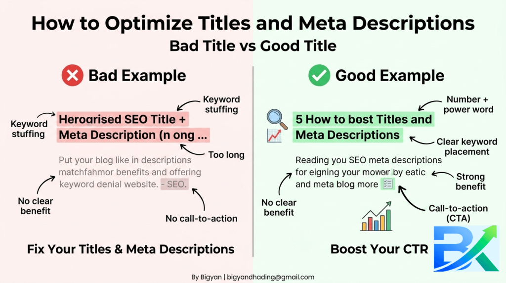 A comparison of good vs bad examples for how to optimize titles and meta descriptions, highlighting common mistakes.