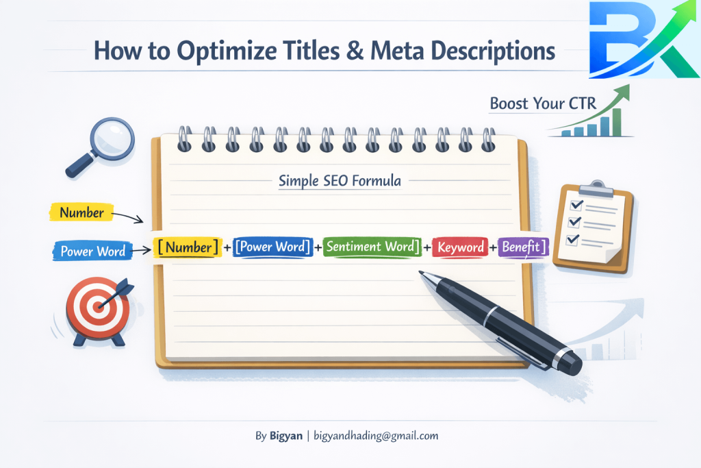  A handwritten breakdown of the Number‑Power‑Sentiment‑Keyword‑Benefit formula for how to optimize titles and meta descriptions.