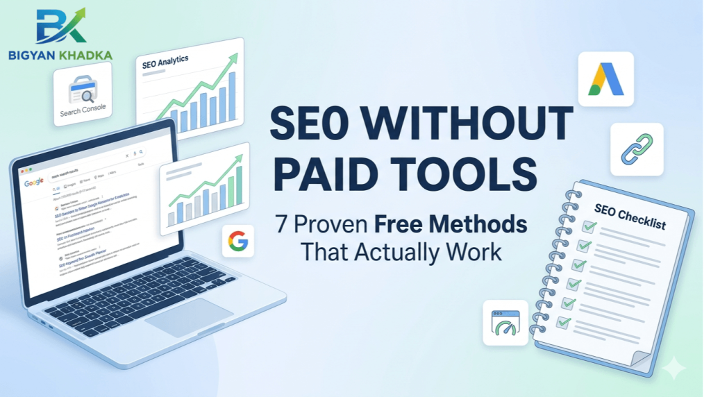  Person working on SEO without paid tools using laptop and handwritten SEO notes