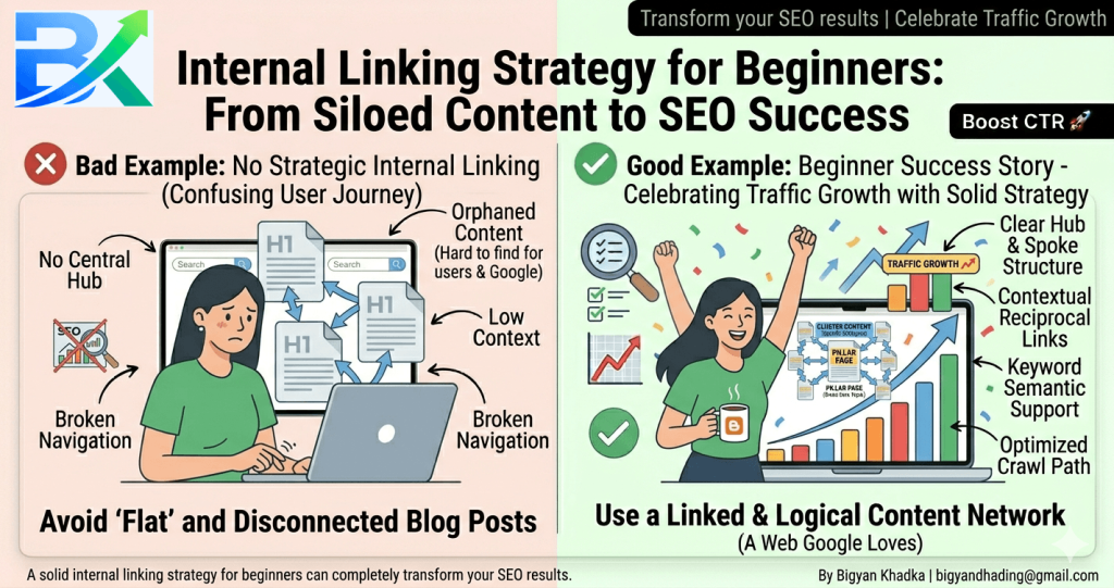 internal linking strategy for beginners success showing traffic growth and happy blogger


