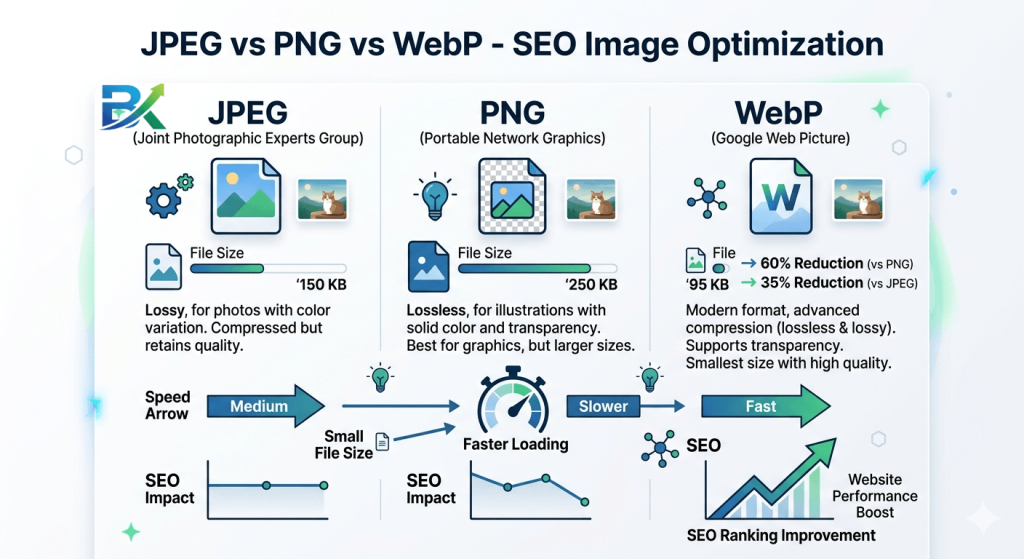 Comparison chart showing file sizes of JPEG, PNG, and WebP formats when learning how to optimize images for SEO

