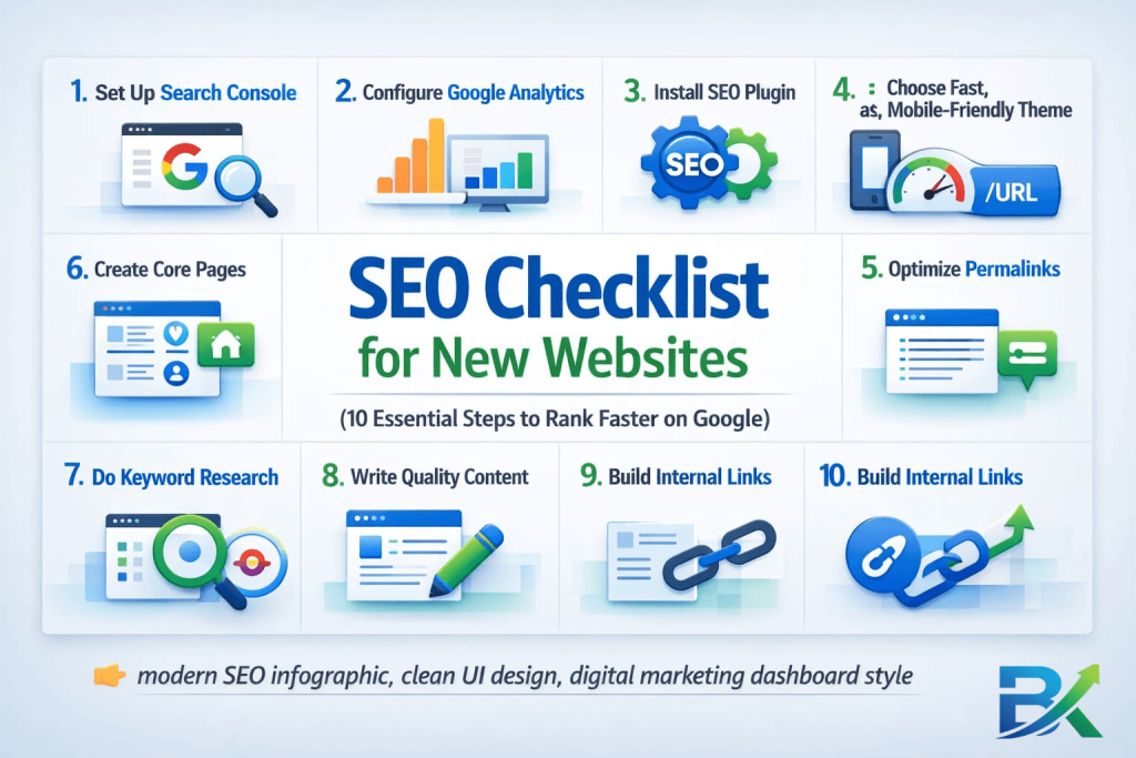 SEO checklist for new websites infographic showing 10 essential SEO steps including Google Search Console setup, keyword research, on-page SEO, and backlink building for beginners