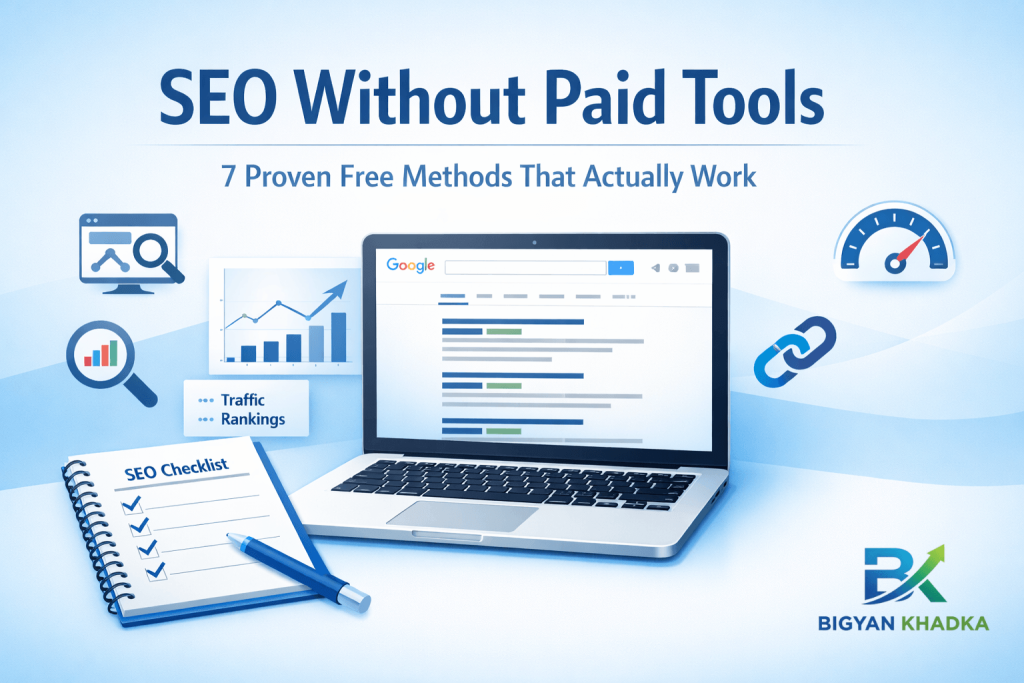 SEO without paid tools infographic showing free Google SEO tools and strategies for beginners