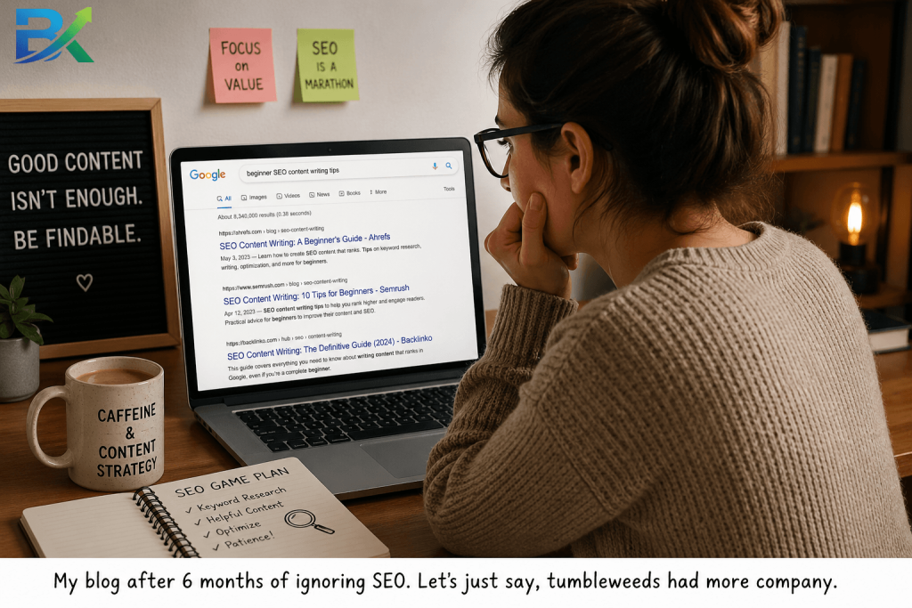  Beginner SEO content writing tips on a laptop screen showing search results
