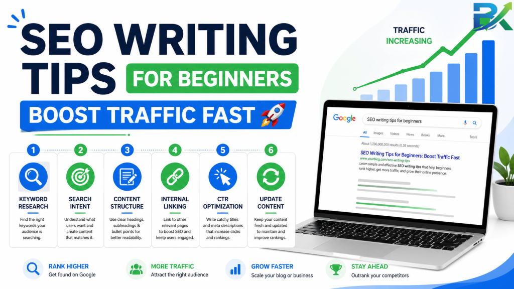 SEO writing tips for beginners infographic showing simple steps to increase blog traffic and rankings