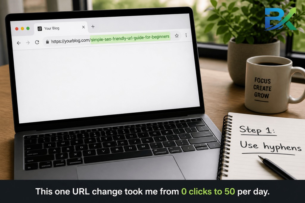 Clean SEO-friendly URL structure example on laptop showing hyphen-separated blog permalink for beginners