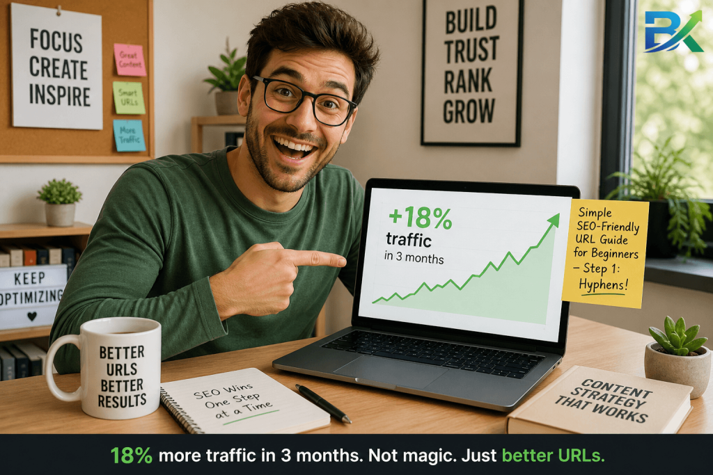 A blogger celebrating results after following this Simple SEO-Friendly URL Guide for Beginners – +18% traffic in 3 months.